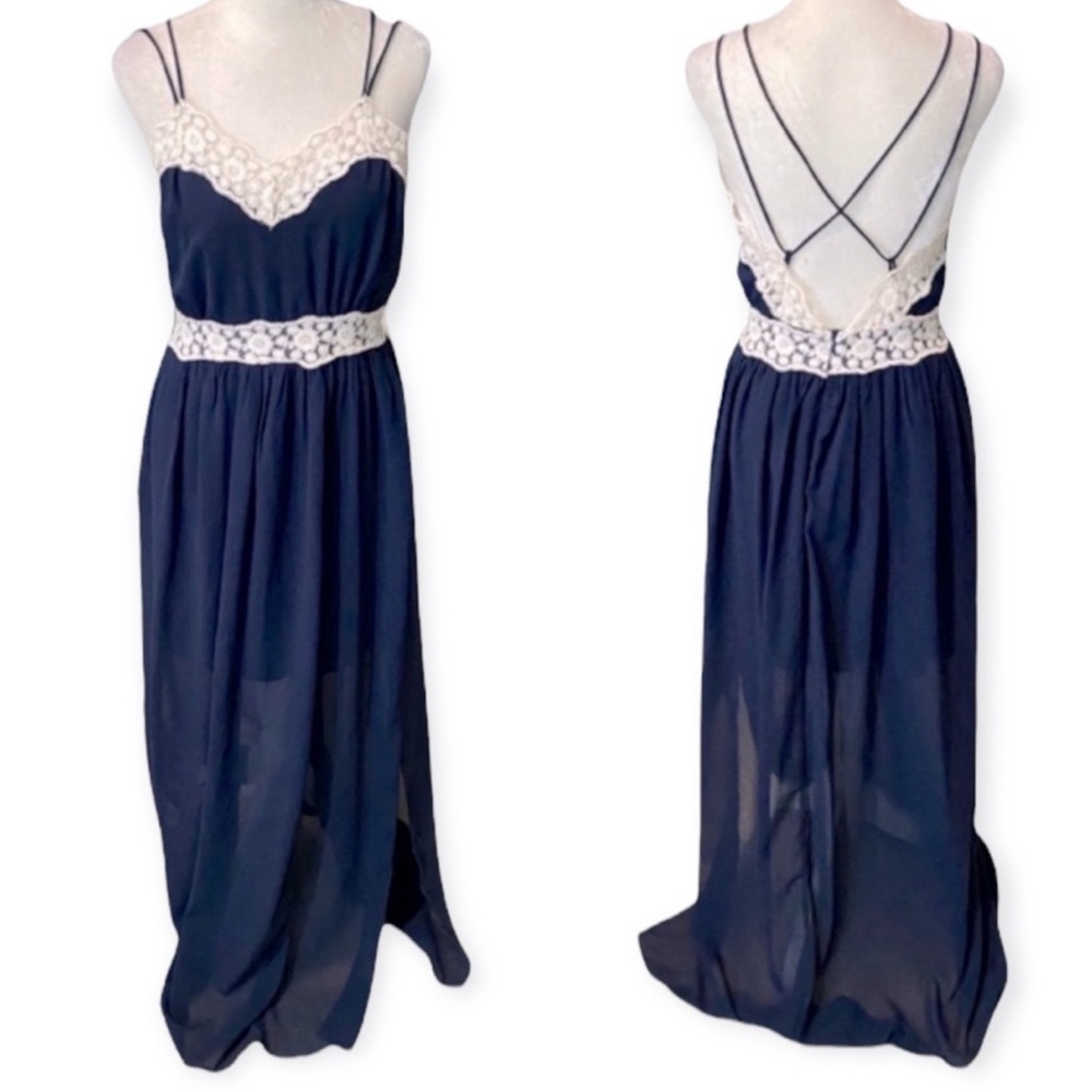Altar'd State Boho Lace Strappy Maxi Dress - size women's medium - navy blue